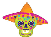 The Anagram/MD 34" SuperShape Bold Sugar Skull Foil Balloon features a festive sugar skull design with an orange and pink sombrero, vibrant patterns, and Day of the Dead-inspired decorations.