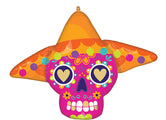 The Anagram/MD 34" SuperShape Bold Sugar Skull Foil Balloon features a festive skull with a wide orange sombrero, vibrant Día de los Muertos-inspired patterns, and heart-shaped eye sockets.