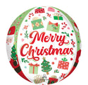Celébrelo con el Globo Orbz Merry Christmas Jolly Old Santa de 16" de Anagram/MD, con la inscripción "Feliz Navidad" en rojo, además de Papá Noel, árboles, regalos, bastones de caramelo y adornos sobre un festivo fondo blanco y verde.