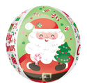 El globo de papel de 16" Orbz Merry Christmas Jolly Old Santa de Anagram/MD muestra un Papá Noel de dibujos animados con un bastón de caramelo y un árbol, rodeado de diseños festivos como regalos y la frase "Feliz Navidad".