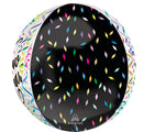 Te presentamos el globo de aluminio «Orbz New Year Satin Confetti Cheer» de 16″, de Anagram/MD, con un diseño esférico negro adornado con formas de confeti de vivos colores y realzado por unos laterales blancos decorados con líneas rizadas de colores y un texto festivo.