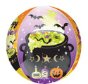 The Anagram/MD 16" Orbz Halloween Witch’s Brew Foil Balloon features a bubbling cauldron with green potion, eyeballs, worms, bats, stars, potion bottles, and a jack-o-lantern on a purple and orange background.