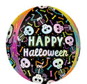El Globo Orbz Bare Bones Halloween de 16" de Anagram/MD incluye el texto "Feliz Halloween", esqueletos en colores pastel, calaveras, huesos y estrellas sobre un fondo negro con bordes en degradado arco iris.
