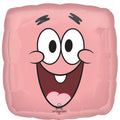 El Globo de Foil Anagrama/MD 17" Bob Esponja Pantalones Cuadrados Delantero/Patrick Reverso presenta una cara de dibujos animados con ojos muy abiertos, cejas levantadas, mejillas sonrosadas y una gran sonrisa con la boca abierta.