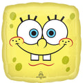 El Globo de Foil de 17" Bob Esponja Pantalones Cuadrados Frente/Patrick Reverso de Anagram/MD tiene un diseño amarillo cuadrado con una cara de dibujos animados parecida a Bob Esponja, incluyendo grandes ojos azules, grandes dientes y mejillas rojas.
