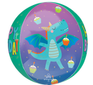 The 16" Orbz Cute Happy Birthday Dragon Foil Balloon by Anagram/MD features a smiling blue dragon with wings, cupcakes with candles, and "Happy Birthday" text on a vibrant purple and green background.