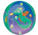 The 16" Orbz Cute Happy Birthday Dragon Birthday Foil Balloon by Anagram/MD features a cartoon green dragon breathing fire, cupcakes, and a blue-purple background with "Happy Birthday" text partially visible on the sides.
