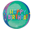 The 16" Orbz Cute Happy Birthday Dragon Foil Balloon by Anagram/MD features "HAPPY BIRTHDAY" in bold, multicolored letters on a green background with playful dragon and festive illustrations around the sides.