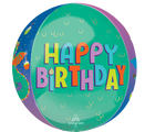 The 16" Orbz Cute Happy Birthday Dragon Birthday Foil Balloon by Anagram/MD features "Happy Birthday" in large, bold, multicolored letters on a green background with a purple patterned border.