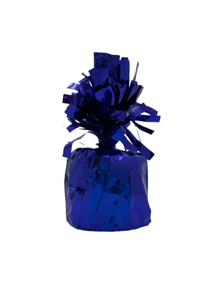 Blue balloon weight gift bag with decorative tassels on a white background