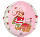 The 16" Orbz Strawberry Shortcake Foil Balloon by Anagram/MD features a cute girl in a strawberry-themed outfit and hat, standing by a pink-striped cat and basket of strawberries, with a pink polka-dot, floral, and strawberry border.