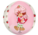 The 16" Orbz Strawberry Shortcake Foil Balloon by Anagram/MD features a cartoon girl in a strawberry hat holding a pink cat, with strawberries and flowers on a pink polka-dot background.