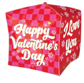15″ UltraShape Cubez Checkerboard Love Foil Balloon by Anagram/MD features a square shape with a red and pink checkered pattern, floral accents, and the messages “Happy Valentines Day” and “I Love You” displayed in bold white script.