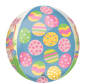 The Anagram/MD 16" Orbz Easter Egg Basket Foil Balloon features pastel eggs with stripes, dots, and floral patterns on a blue background, and displays a partially visible "Happy Easter" message.