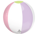 The 16" Orbz Clear Pastel Beach Club Foil Balloon by Anagram/MD features shiny, alternating panels of white, pink, light purple, and light green with the Anagram logo near the bottom.