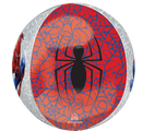 The 16" Orbz Spiderman Foil Balloon by Anagram/MD features a large black spider on a red web with silver web patterns and Spider-Man illustrations around the sides.