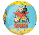 Le ballon Orbz Minions 3 Foil de 16 pouces d'Anagram/MD représente des Minions avec des caméras devant une étoile rouge, "SHOW ME SMILE" en orange gras, ainsi que des arrière-plans bleu et jaune, des images de Minions supplémentaires et "Bello".
