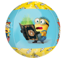 Le ballon Orbz Minions 3 d'Anagram/MD représente un Minion surpris tenant un livre lumineux, entouré d'une bordure jaune avec des visages de Minions et le texte "Bello".