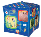 The Anagram/MD 15" UltraShape Cubez Toy Story 5 Foil Balloon is a blue inflatable cube featuring colorful Toy Story characters like Woody, Rex, Hamm, and Forky, plus speech bubbles and icons on its sides.