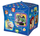 The 15" UltraShape Cubez Toy Story 5 Foil Balloon by Anagram/MD is a blue, cube-shaped balloon with colorful images of Buzz Lightyear, Woody, Jessie, Bullseye, Aliens, and Buttercup plus icons and geometric designs on each side.