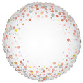 The Oaktree 18" Sparkling Fizz Rose Gold Holographic Foil Balloon features a round white surface adorned with orange, pink, yellow, and silver glittery dots and shimmering sparkles.