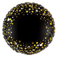 The Oaktree 18" Sparkling Fizz Black Gold No Message Holographic Foil Balloon features a round black design with festive gold, silver, and white dots and swirls for a celebratory look.