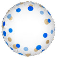 The Oaktree 18" Blue Gold Confetti No Message Metallic Foil Balloon features blue and gold accents and is shown against a plain white background.