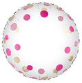 The 18" Pink Gold Confetti No Message Metallic Oaktree Foil Balloon by Oaktree is a round white balloon decorated with pink and gold dots, shown from above on a white background.