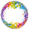 The 18" Oaktree Colourful Confetti No Message Metallic Foil Balloon features colorful dots and stars along the edges with a blank white center.