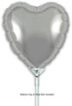 A 9" silver heart-shaped Oaktree foil balloon (airfill only, self sealing valve) is shown attached to a white cup and stick. Background is plain white. Text below reads: Balloon cup & stick not included. Pack includes 5 balloons.