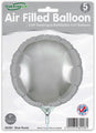 A pack of five 9" Oaktree silver round foil balloons, air fill only with self-sealing valve. Packaging shows one inflated balloon and a "Made in Britain" logo.