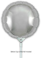 A 9" silver round Oaktree brand foil balloon (self-sealing, airfill only, 5 per pack) is attached to a white holder and stick. Beneath the balloon: Balloon Cup & Stick Not Included.