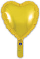 A shiny gold heart-shaped 9" Oaktree Brand foil balloon with a handle and self-sealing valve, sold airfill only in packs of 5, reflects light for a bright finish.