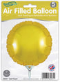 Un paquet de cinq ballons ronds en aluminium Oaktree gold de 9" avec des valves auto-obturantes (remplissage à l'air uniquement). L'emballage montre un ballon gonflé et les détails du produit.