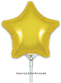 Un ballon en aluminium de marque Oaktree de 9 pouces en forme d'étoile dorée (remplissage à l'air uniquement, avec valve auto-obturante) est représenté sur un fond blanc. Le texte ci-dessous indique que le gobelet et le bâton ne sont pas inclus. Livré par lot de 5.