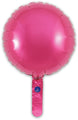 A shiny, 9" pink round Oaktree foil balloon with a self-sealing valve and long neck, designed for air fill only, shown against a white background. Pack includes 5 balloons.