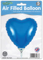 A pack of five 9" blue heart-shaped Oaktree brand foil balloons, airfill only with self-sealing valves, is shown packaged with one inflated balloon and product details.