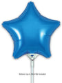 A 9" Oaktree Brand blue star foil balloon (airfill only, with self-sealing valve) is attached to a white stick against a plain background. Text below: Balloon Cup & Stick Not Included. Sold as 5 per pack.
