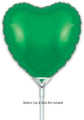 A 9" green heart-shaped Oaktree foil balloon with a shiny surface is shown on a white stick. Text below states, “Balloon Cup & Stick Not Included.” The background is plain white. Sold in packs of 5; airfill only, self-sealing valve.