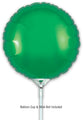 A shiny green 9" Oaktree Brand round foil balloon (airfill only, self-sealing valve, 5 per pack) with silver base is shown against a white background. Text below reads: Balloon Cup & Stick Not Included.