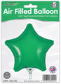 A pack of five 9" green star-shaped Oaktree foil balloons with self-sealing valves, air-inflation only. Balloons are shown inflated on the front of the packaging.