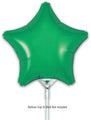 A shiny green star-shaped 9" foil balloon from Oaktree, airfill only with a self-sealing valve (5 per pack), attached to a stick. Text: Balloon cup & stick not included.