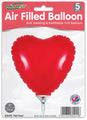 A pack of five 9" Oaktree brand red heart foil balloons, airfill only with a self-sealing valve, refillable. Packaging shows UK flag, indicating it’s made in the UK.