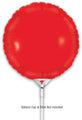 A 9" red round Oaktree brand foil balloon (Airfill Only, Self Sealing Valve, 5 per pack) is shown attached to a white plastic base. The text reads: Balloon Cup & Stick Not Included. Background is plain white.