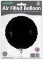 Oaktree’s 9" black round foil balloons (5 per pack) are airfill only, with a self-sealing valve. The pack features a photo of the product plus product and barcode info.