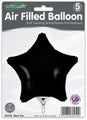 Un paquete de cinco globos de papel de aluminio negro con forma de estrella de 9" de Oaktree, sólo para rellenar con aire, con válvulas autosellantes, rellenables. Sobre fondo blanco con detalles del producto y el emblema de la bandera del Reino Unido.