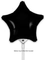 A 9" Oaktree Brand black star foil balloon (airfill only, self-sealing valve) is shown against a white background. Text below reads: Balloon Cup & Stick Not Included. Sold in packs of 5.