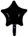 A 9" black star-shaped Oaktree foil balloon (airfill only, self-sealing valve), shown against a white background with a small blue label near the bottom. Comes in a pack of 5.