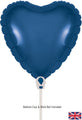 A 9" navy blue heart-shaped Oaktree foil balloon (5 per pack) with self-sealing valve. For airfill only; cup & stick not included. Includes a small UK flag in the bottom right corner.