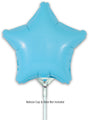 Un ballon en papier d'aluminium de marque Oaktree de 9 pouces, bleu mat, en forme d'étoile (remplissage à l'air uniquement, avec valve auto-obturante) est montré attaché à un gobelet à ballon blanc et à un support de bâtonnet. Le texte ci-dessous se lit comme suit : Le gobelet et le bâton ne sont pas inclus. Paquet de 5.
